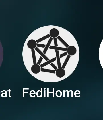 fediverse pentagram in black, inside a white circle, with the text "FediHome" at the bottom