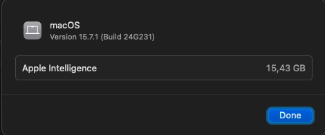 macOS

Apple Intelligence: 15,43GB