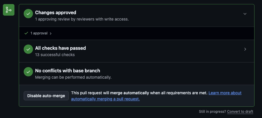 Github PR checks box, with approvals, merge checks passing, and no conflicts, automerge enabled, and still it's not merging Github PR checks box, with approvals, merge checks passing, and no conflicts, automerge enabled, and still it's not merging