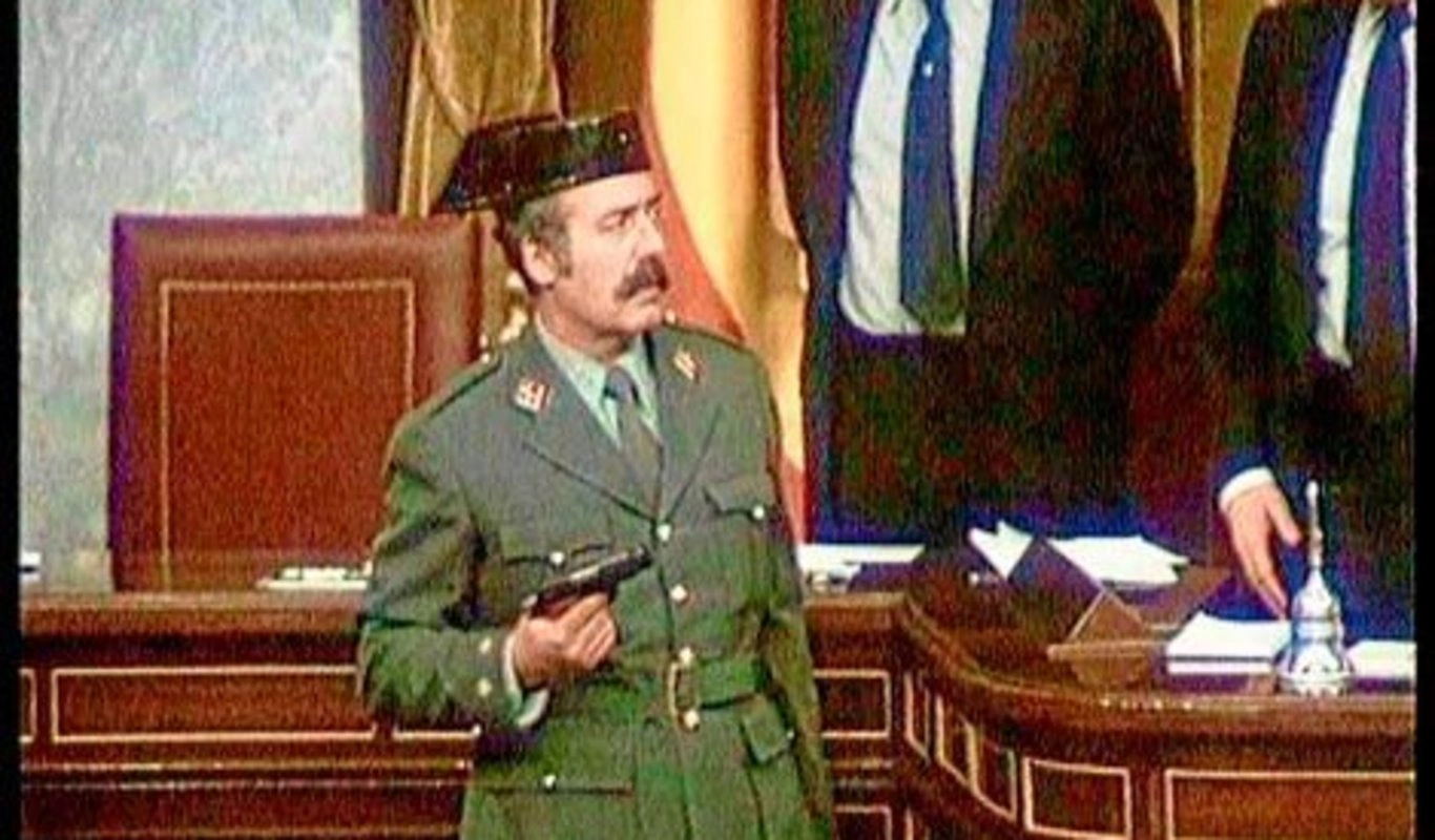 Antonio Tejero, with a gun on his hand inside the Congreso de los Diputados, 1981, colorized