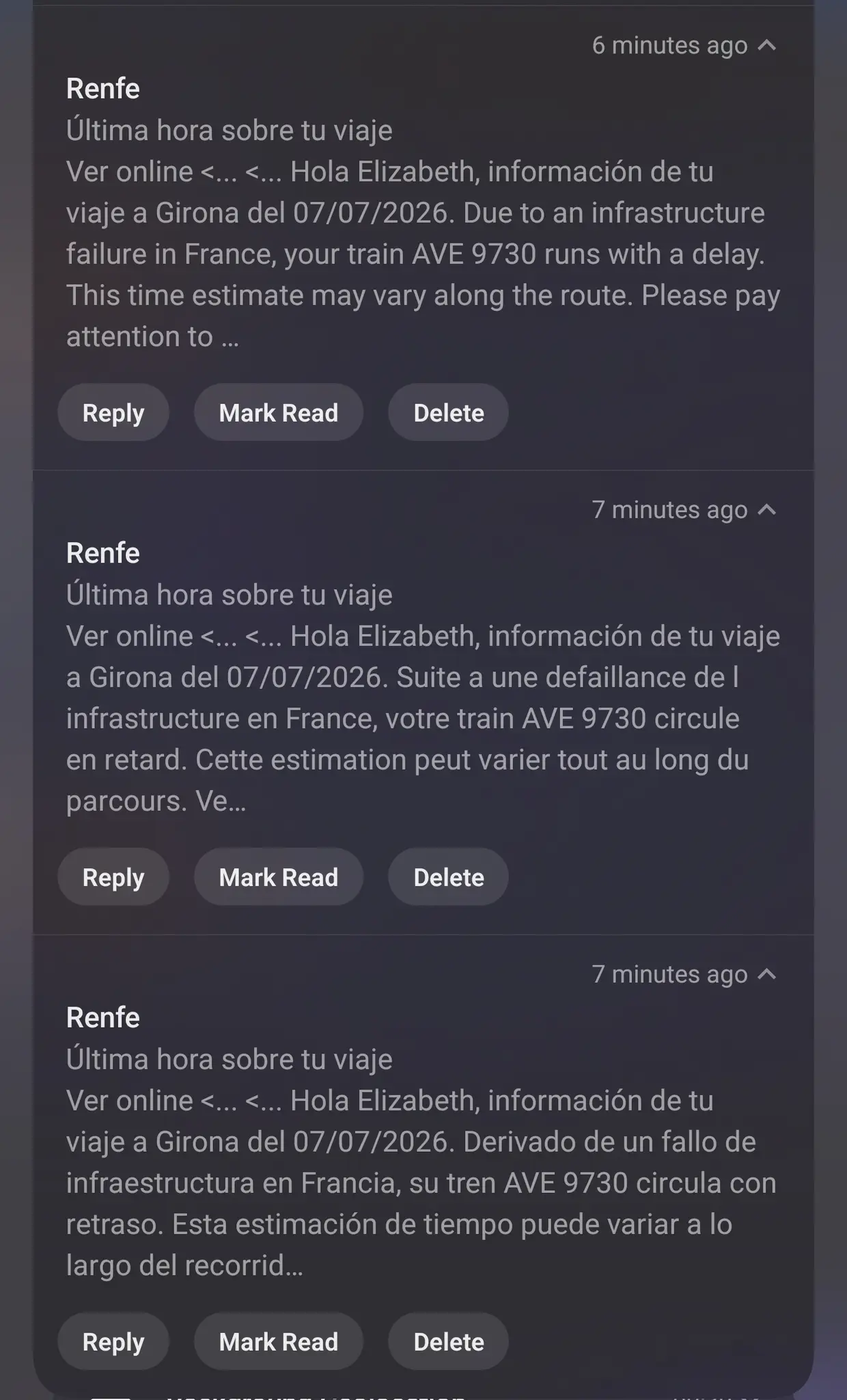 three notifications for three emails from Renfe informing me of the same delay on my train, one in Spanish, one in French, one in English