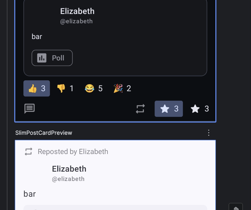 the footer of a Post view component in my fedi client app, showing a design of a favorite button with the background in accent color, and another without background
