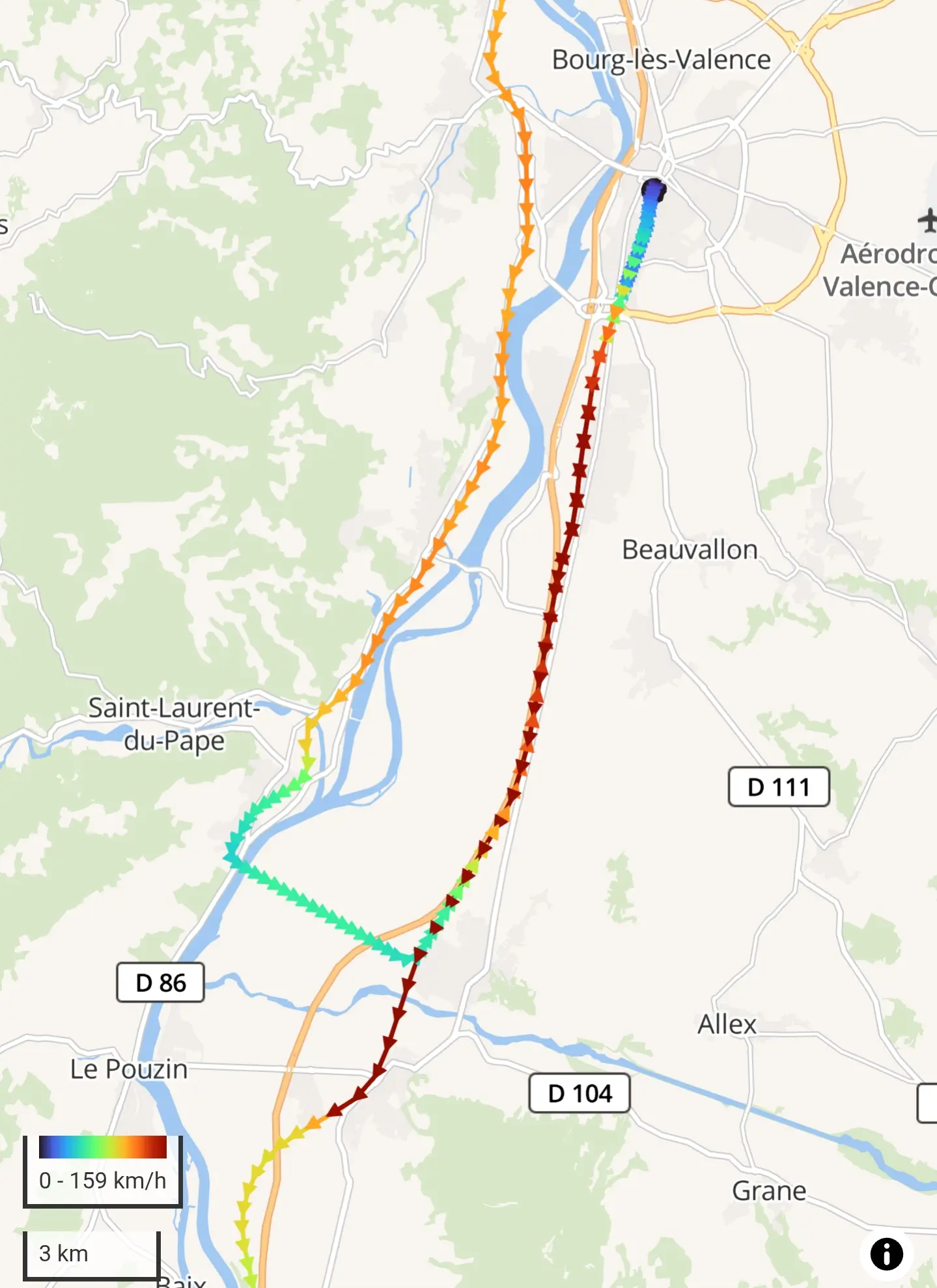 the path my train took during the night, at some point crossing the Rhône, going to Valence Ville, stopping there, and then reversing to continue