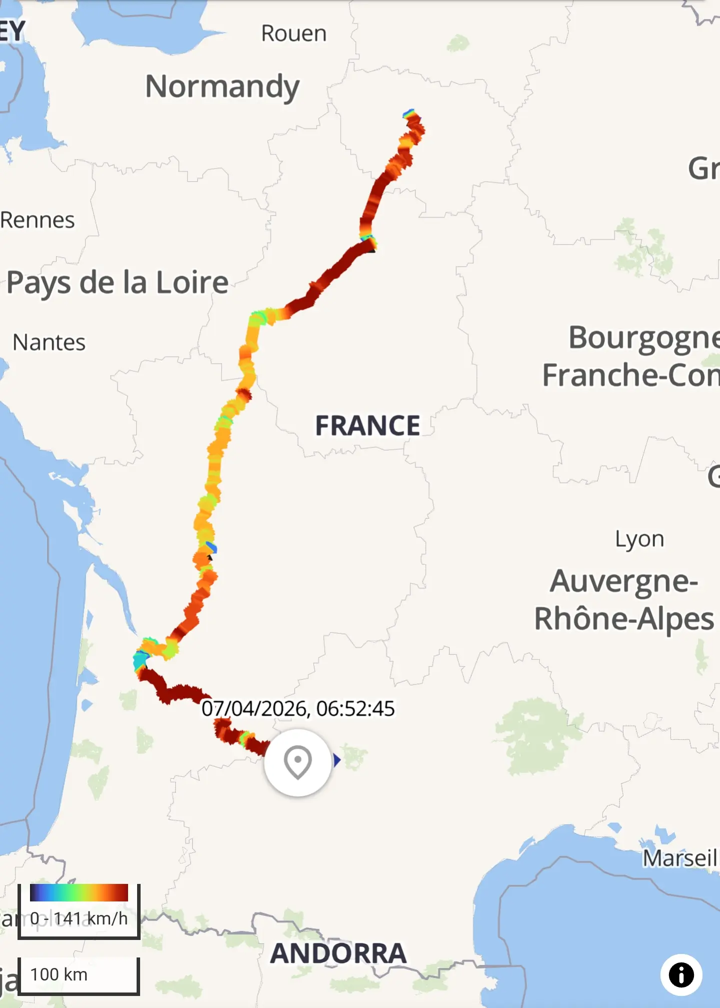map showing the route from Paris to Toulouse but via Bordeaux. color-coded for speed