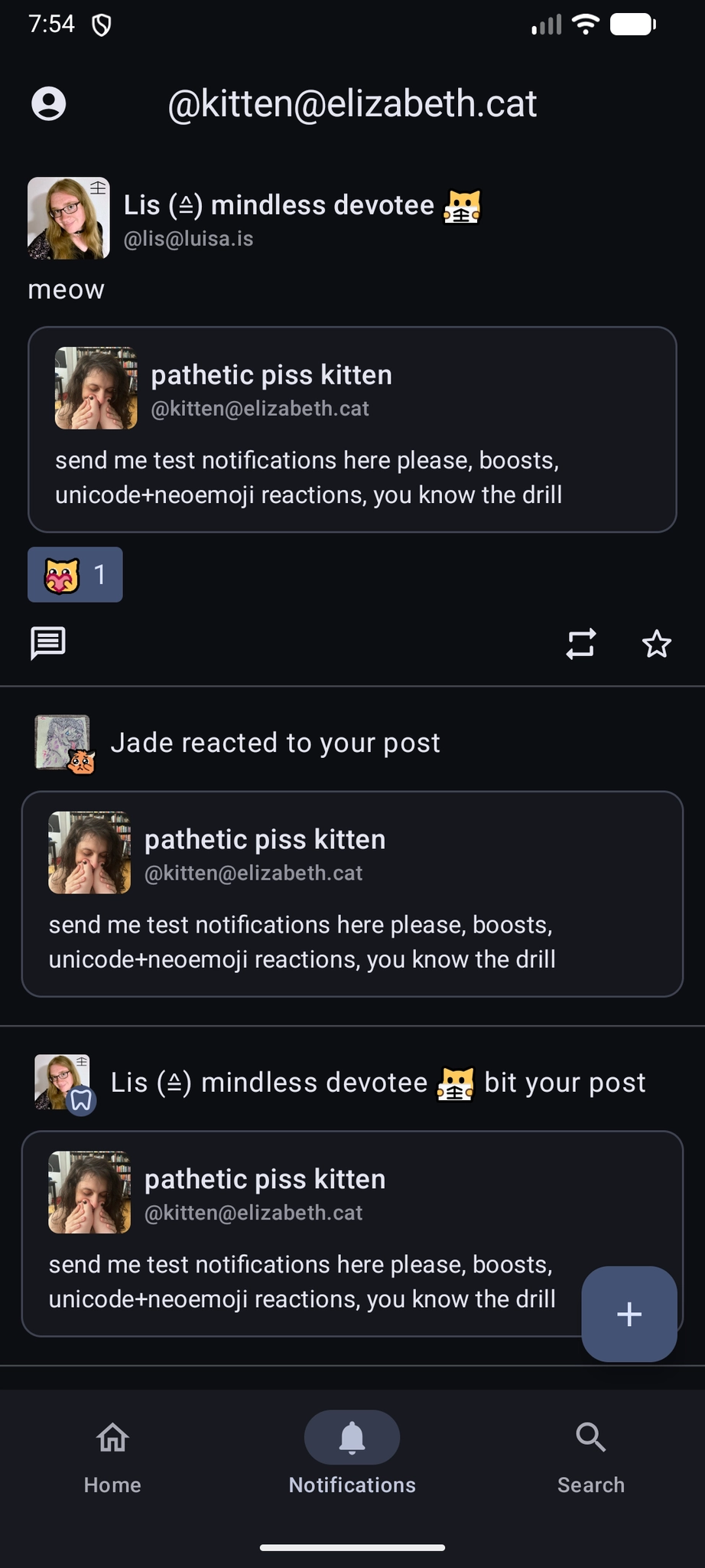 Screenshot of the notifications screen in my fediverse client, FediHome, in dark theme