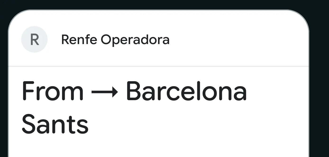 Passbook train ticket from Renfe Operadora, saying "From ➡️ Barcelona Sants"