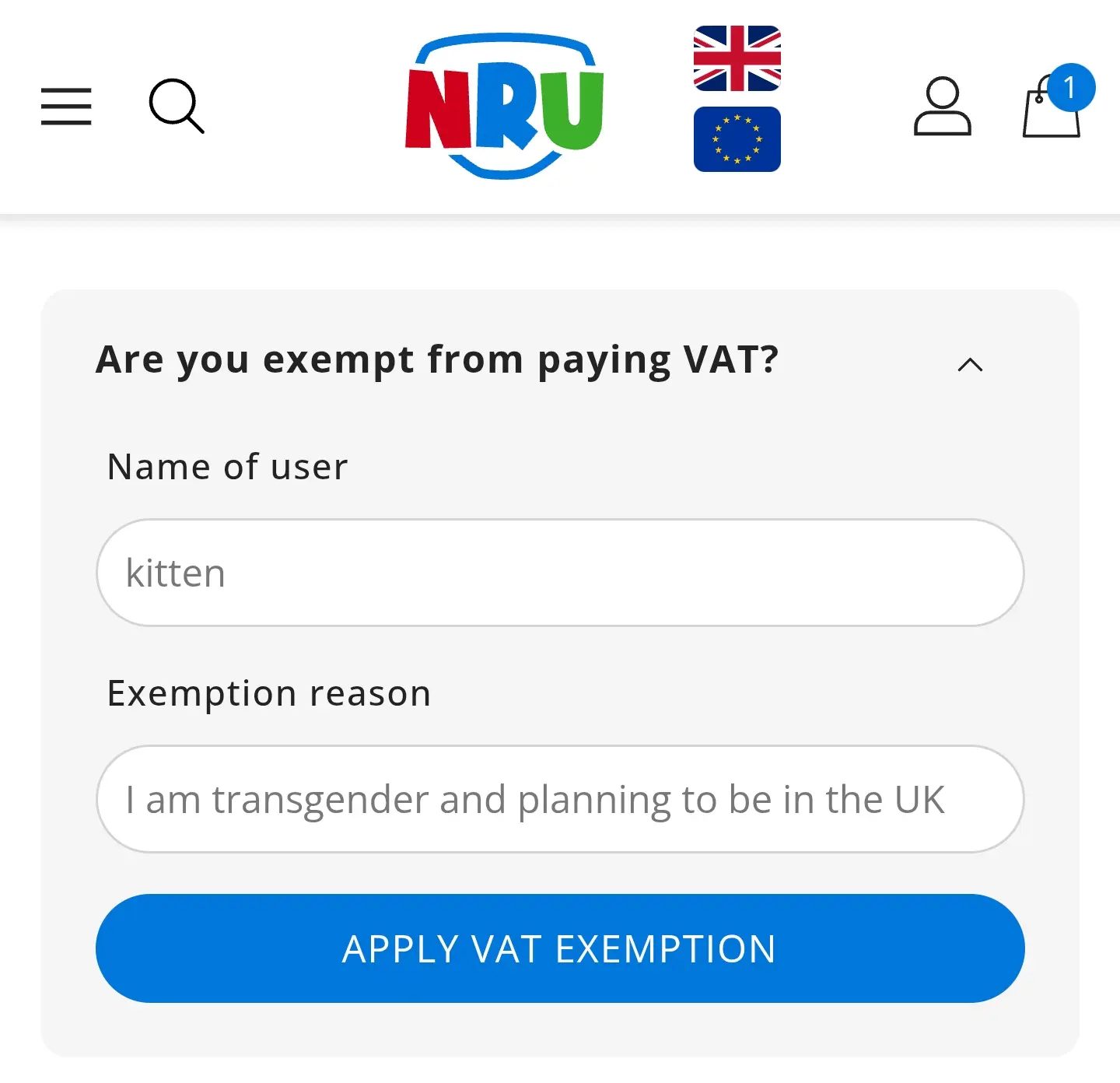 VAT exemption form at NRU diaper store, listing the exemption reason as "I am transgender and planning to be in the UK"