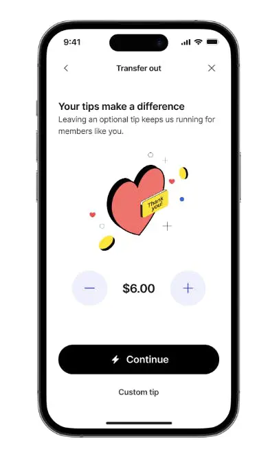 "Your tips make a difference - Leaving an optional tip keeps us running for members like you" screen in an app