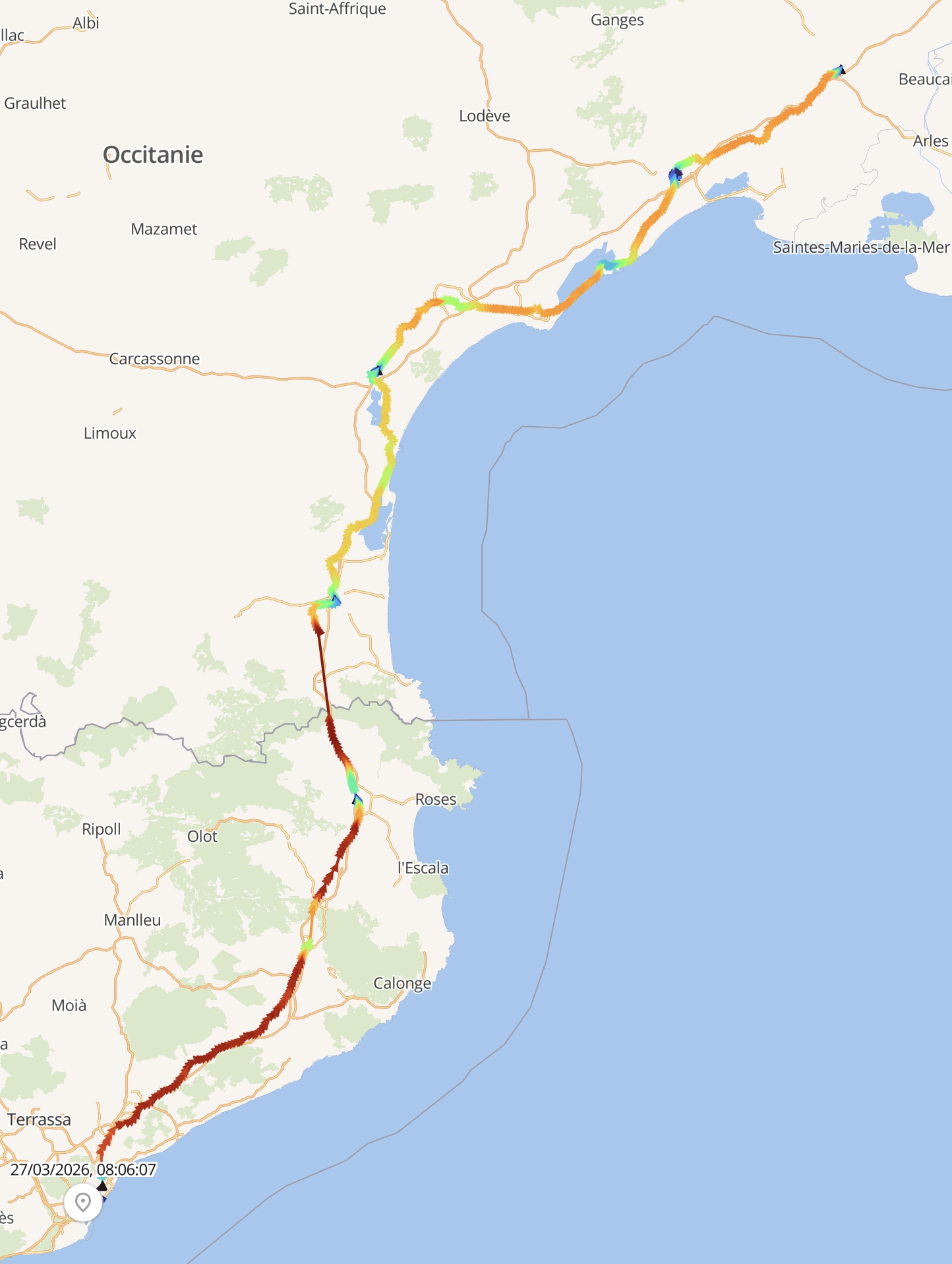 very precise path from Barcelona to Nimes, color-coded for speed