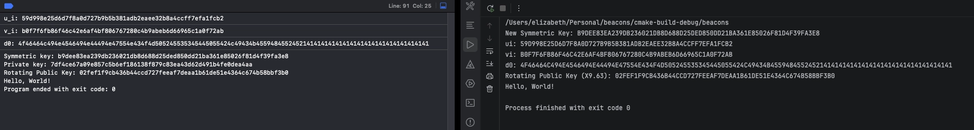 output for two different programs, both printing the values:

New Symmetric Key: B9DEE83EA239DB236021DB8D688D25DED850DD21BA361E85026F81D4F39FA3E8
ui: 59D998E25D6D7F8A0D727B9B5B381ADB2EAEE32B8A4CCFF7EFA1FCB2
vi: B0F7F6FB86F46C42E6AF4BF806767280C4B9ABEB6D66965C1A0F72AB
d0: 4F46464C494E4546494E44494E47554E434F4D505245535345445055424C49434B455948455245214141414141414141414141414141414141
Rotating Public Key (X9.63): 02FEF1F9CB436B44CCD727FEEAF7DEAA1B61DE51E4364C674B58BBF3B0
