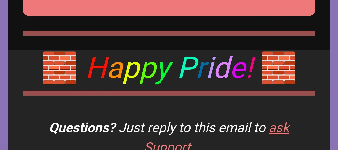 Porkbun newsletter with a section saying "🧱 Happy Pride! 🧱" with the text in rainbow