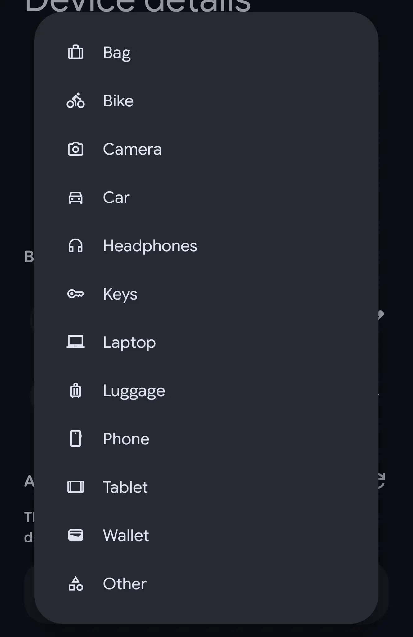 Google Find Hub tag categories list: 
Bag
Bike
Camera
Car
Headphones
Keys
Laptop
Luggage
Phone
Tablet
Wallet
Other