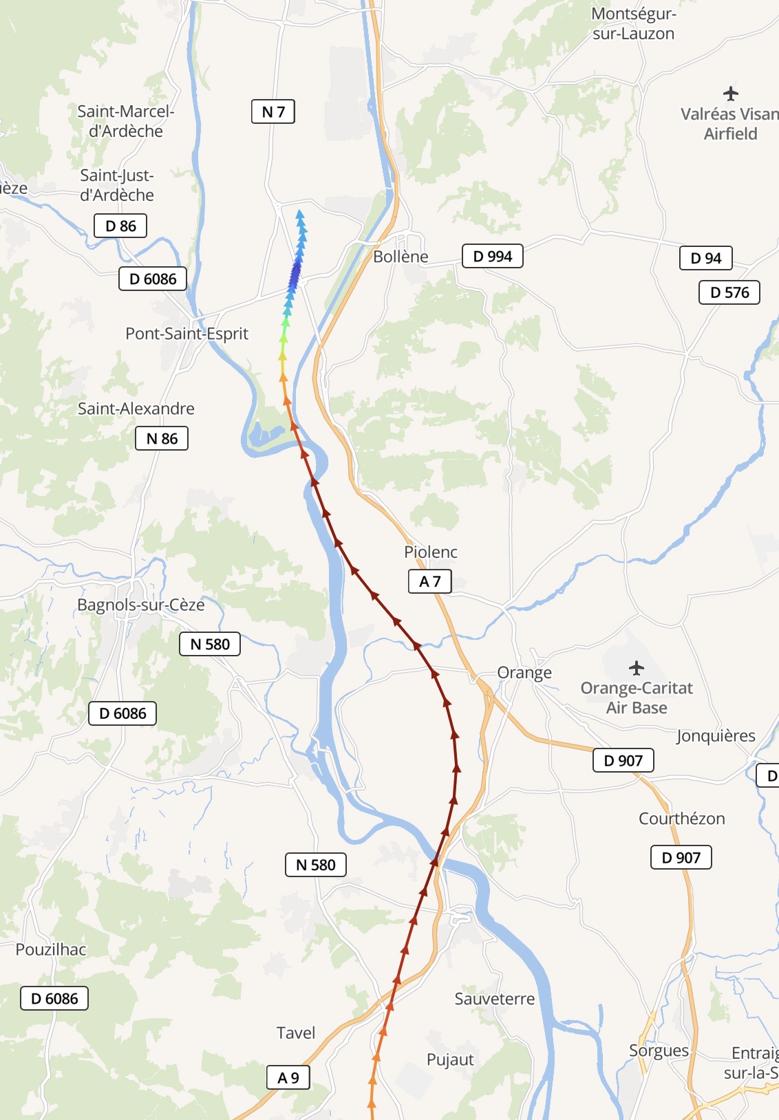 traccar screenshot showing a big speed decline from around 300km/h right where that track connection was