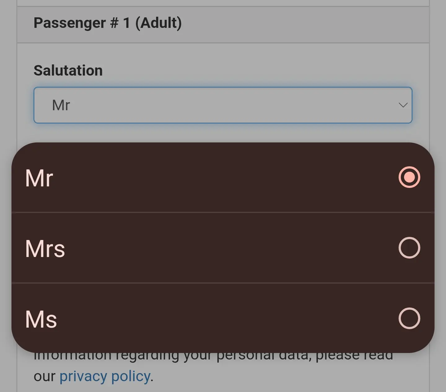 "salutation" selector displaying just the "Mr", "Mrs", and "Ms" options