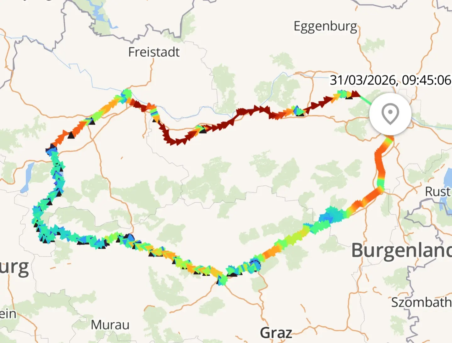 a speed color-coded round trip in a circle across the eastern half of Austria, going from Wien to Hallstatt through Styria, and back to Wien through the north, via the Westbahn