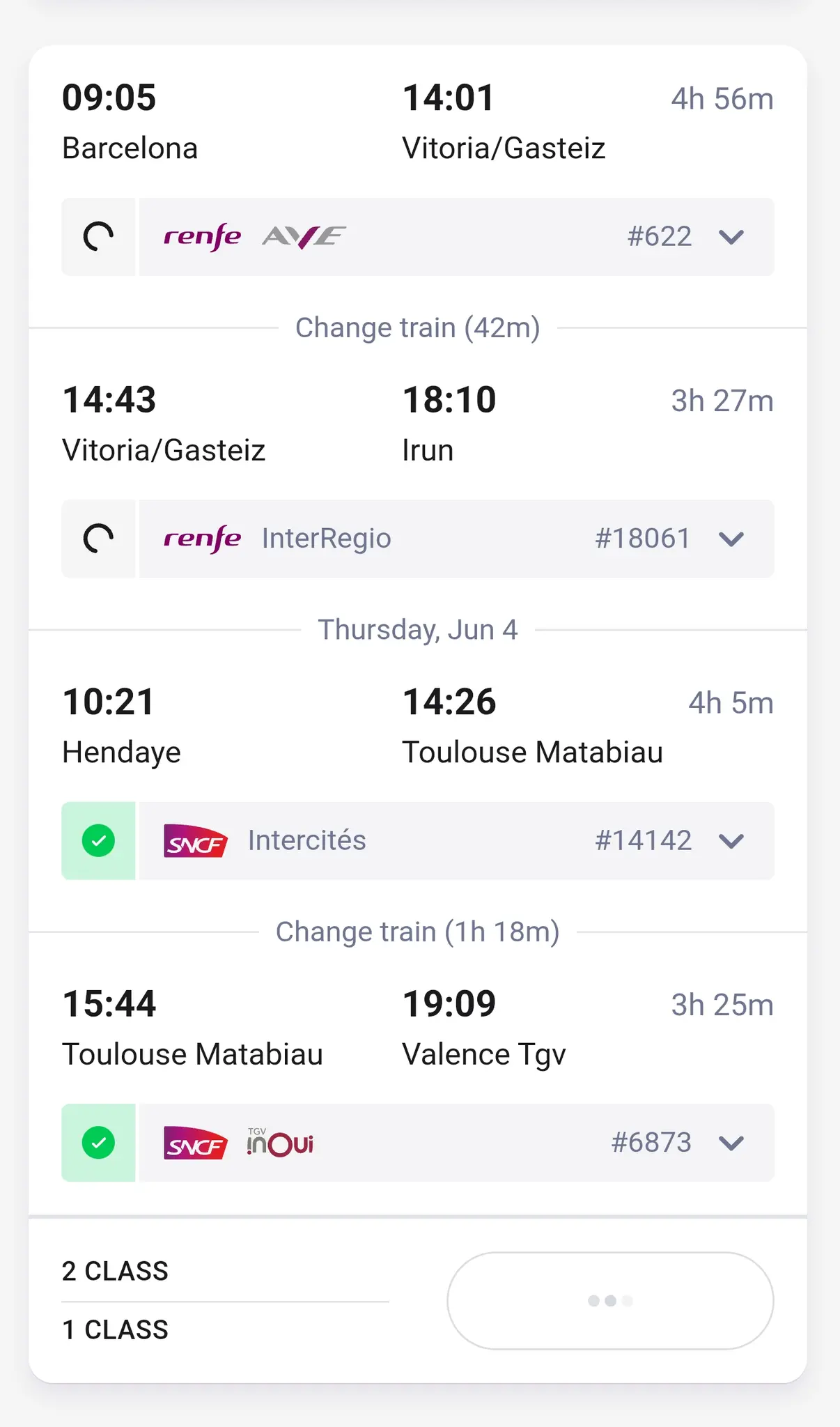 train trip from Barcelona to Valence TGV via Vitoria, Irun, and Toulouse