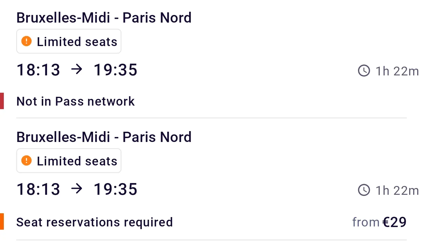 that same train added two times to the Interrail app, in one it says it's not in the pass network, in the other reservation required