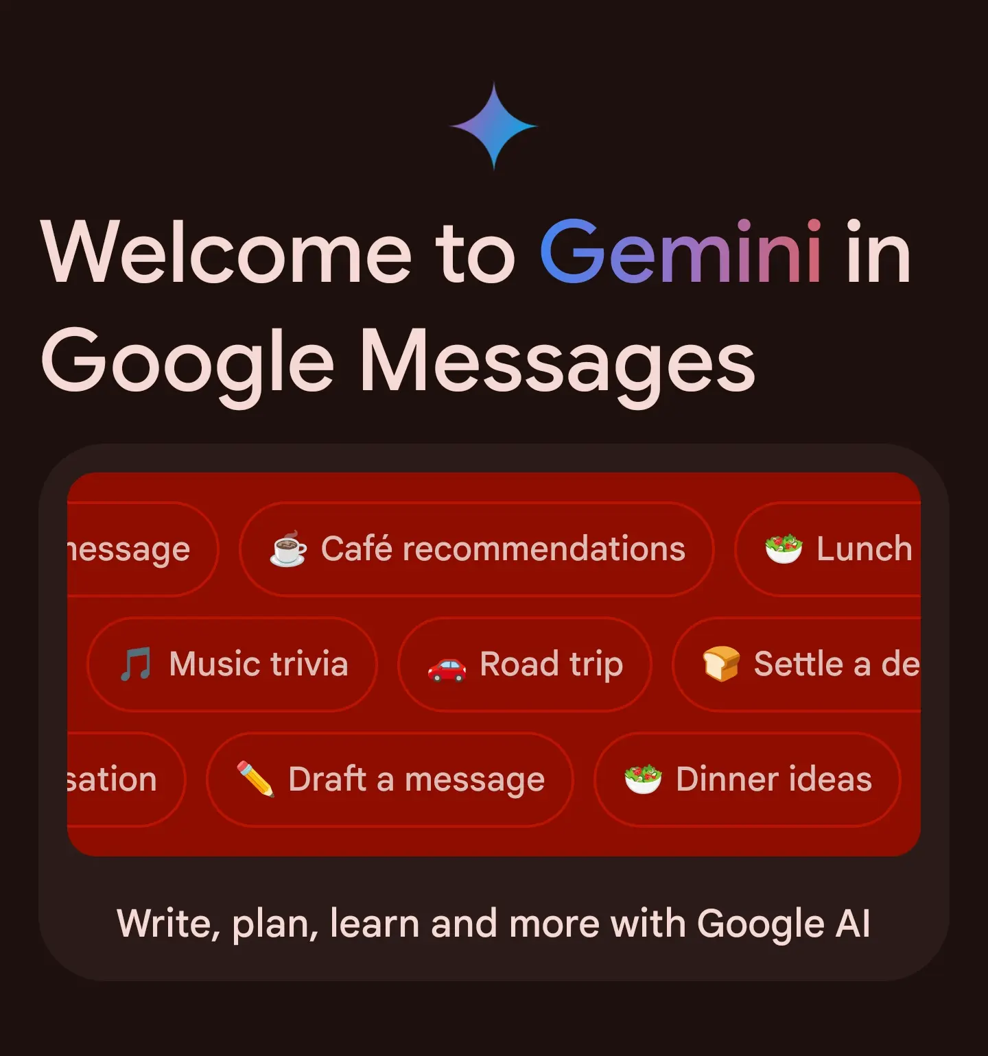 "Welcome to Gemini in Google Messages" banner