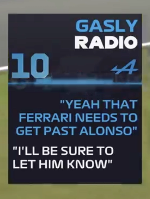 F1 team radio

Gasly: "Yeah that Ferrari needs to get past Alonso"

Alpine engineer: "I'll be sure to let him know"