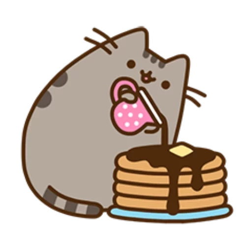 Pusheen the cat pouring some syrup over some pancakes