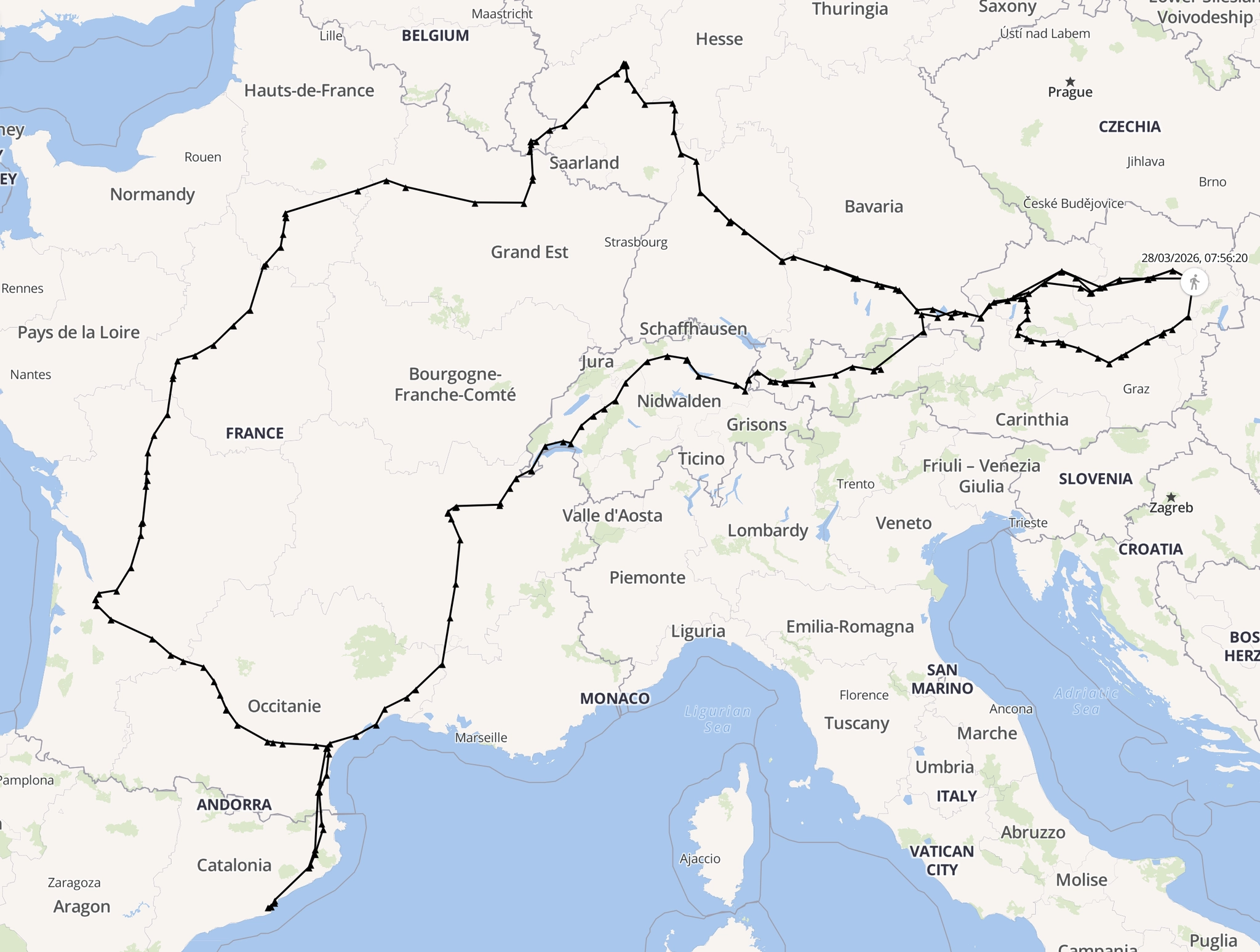 map of my tracker over the past days, showing a trip starting in Barcelona, passing through Lyon, Zurich, to Vienna, doing a loop around the east of Austria back to Vienna, then passing through Munich and Stuttgart to Koblenz, then passing through Luxembourg, Paris, Bordeaux, Toulouse, and Narbonne back to Barcelona