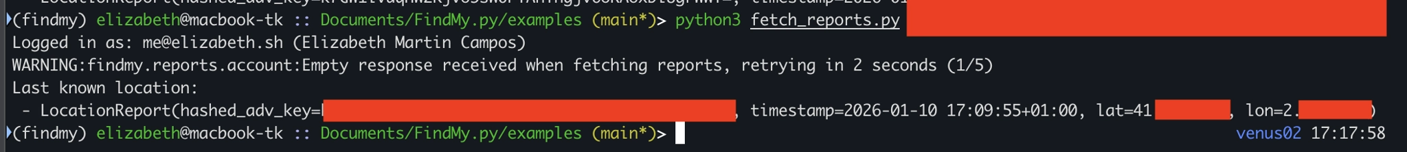 Last known location: LocationReport(hashed_adv_key=(...), timestamp=2026-01-10 17:09:55+01:00, lat=41.(...), lon=2.(...))