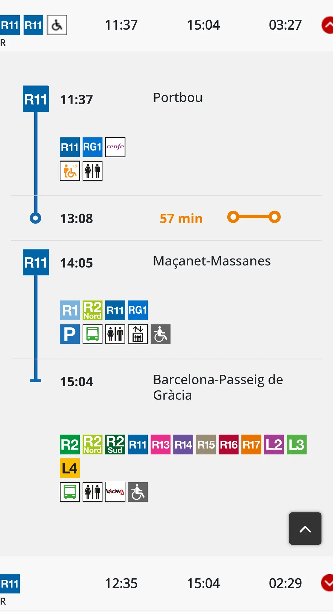 Rodalies travel planner doing exactly what I describe, in a Portbou > Barcelona trip, suggesting a connection in Maçanet