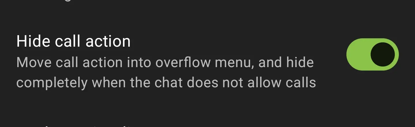 Hide call action

Move call action into overflow menu, and hide completely when the chat does not allow calls

in Schildichat Next