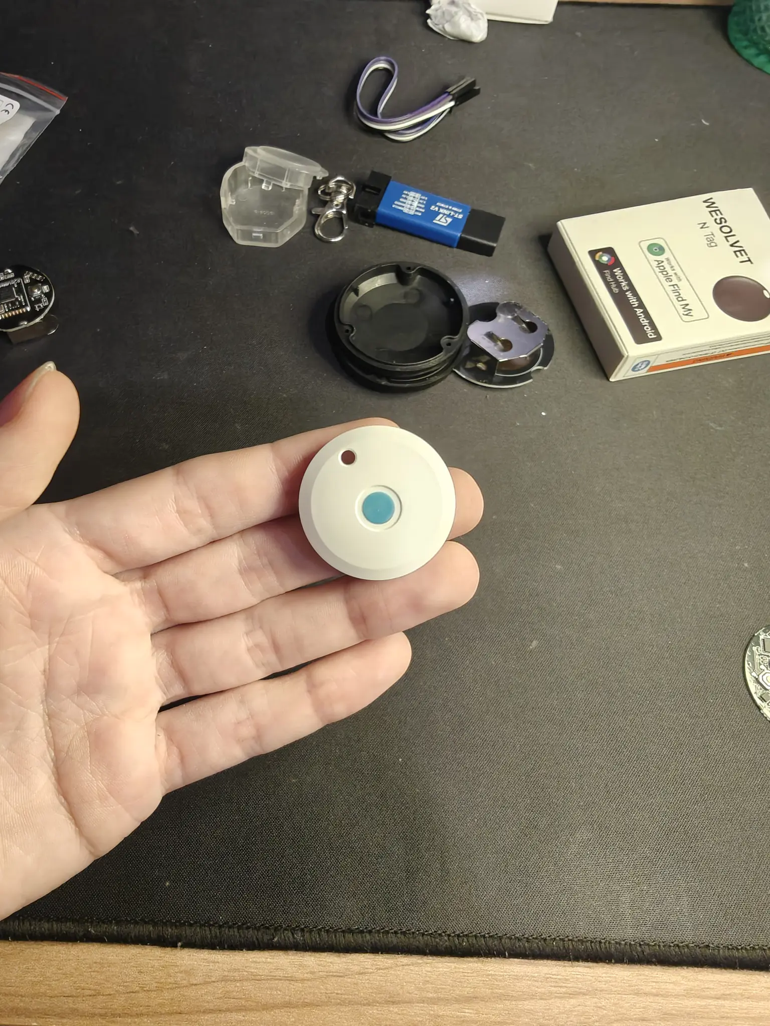 the board inside its white plastic case, with a blue plastic button, in my hand